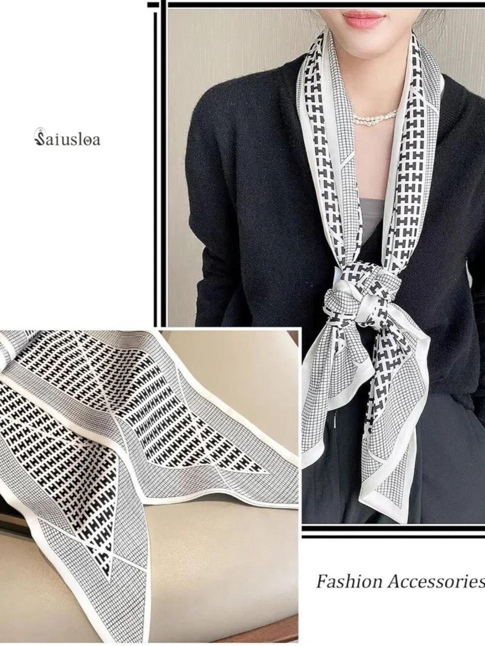 Women's Monochrome Head Scarves Long Skinny Silky Hair Bags Scarf